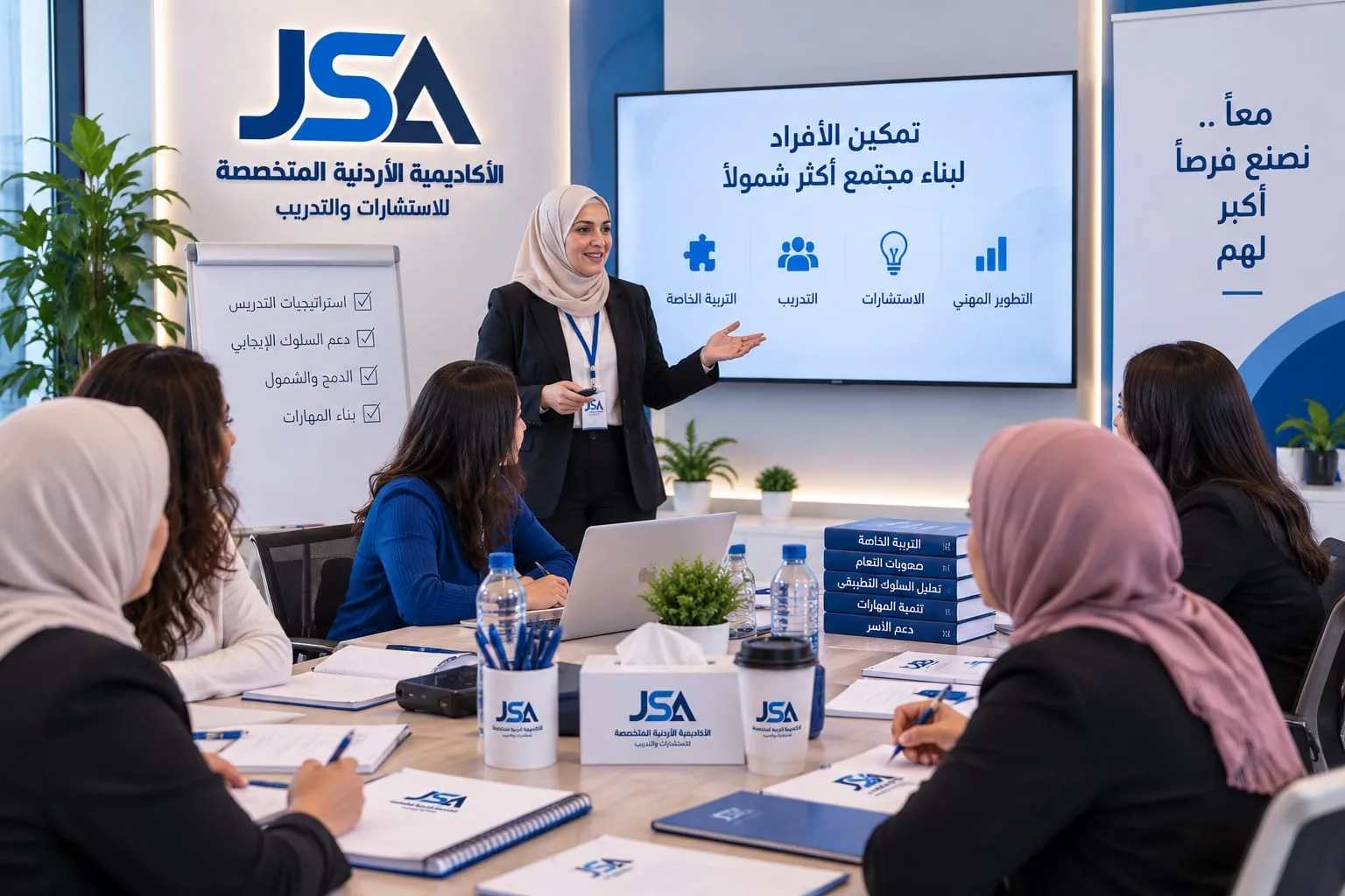 قاعة تدريب تحمل شعار الأكاديمية على جدارها، تقف فيها مدرّبة أمام شاشة عرض وتتحدث إلى متدربين يجلسون حول طاولة اجتماعات عليها دفاتر وأكواب تحمل شعار الأكاديمية.