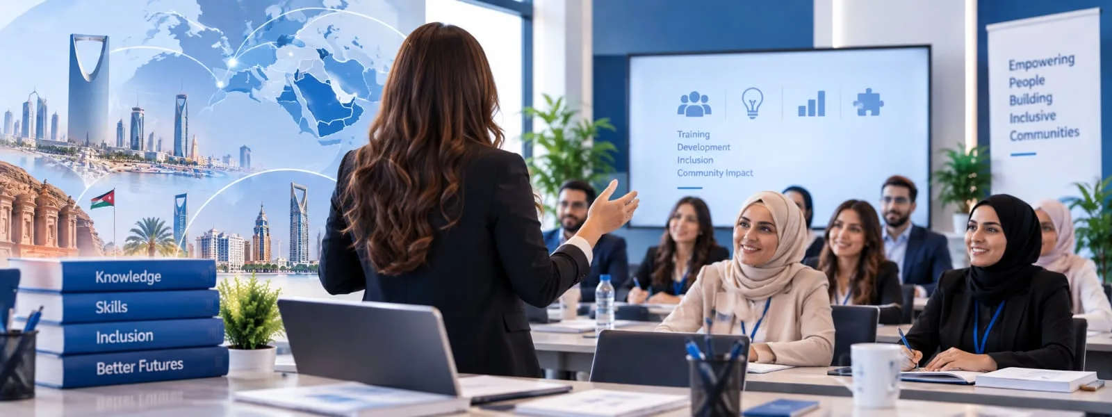 مدرّبة تقف بظهرها إلى الكاميرا وتتحدث إلى متدربين يجلسون حول طاولة في قاعة تدريب، وأمامهم شاشة عرض وكتب مرصوصة تحمل كلمات المعرفة والمهارات والدمج.