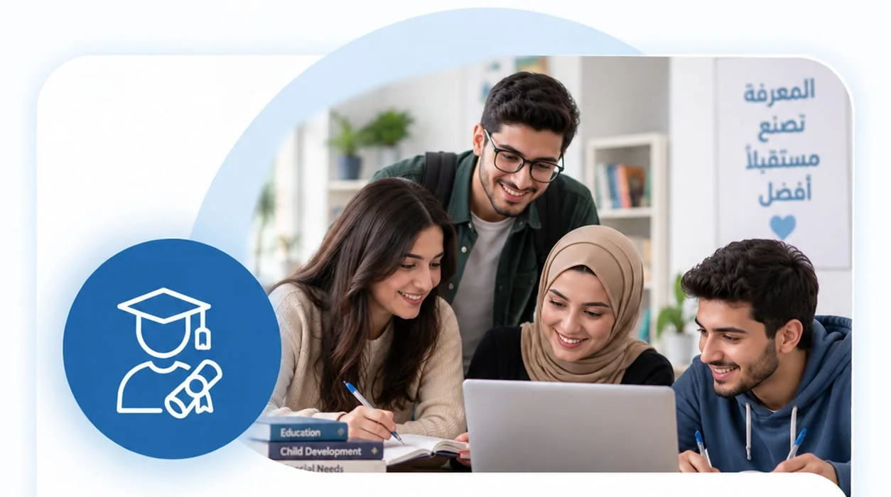 أربعة طلاب جامعيين يتشاركون حاسوبًا محمولًا ودفاتر ملاحظات ويدرسون معًا.