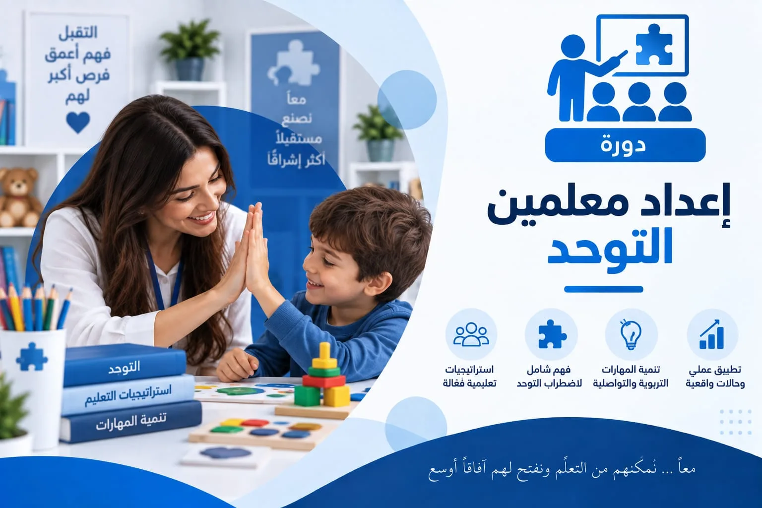 بطاقة الدورة: معلمة وطفل يتبادلان تحية باليد المرفوعة على طاولة عليها مكعبات وقطع أحجية ملوّنة داخل غرفة تدريب، وإلى جانبهما كتب تحمل عناوين محاور الدورة.